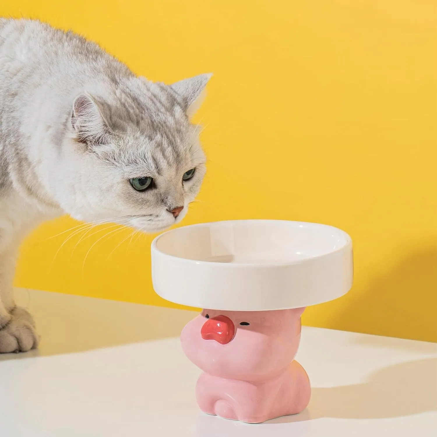 Raised ceramic pet bowl in animal design, showing wide shallow dish on elevated base.