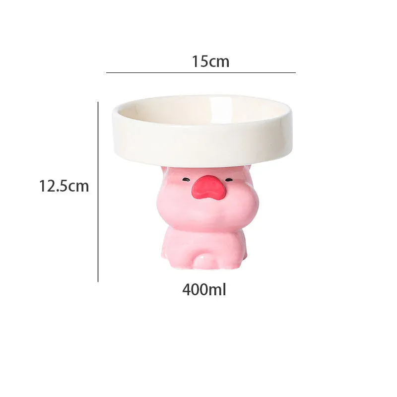 Raised ceramic pet bowl in animal design, showing wide shallow dish on elevated base.
