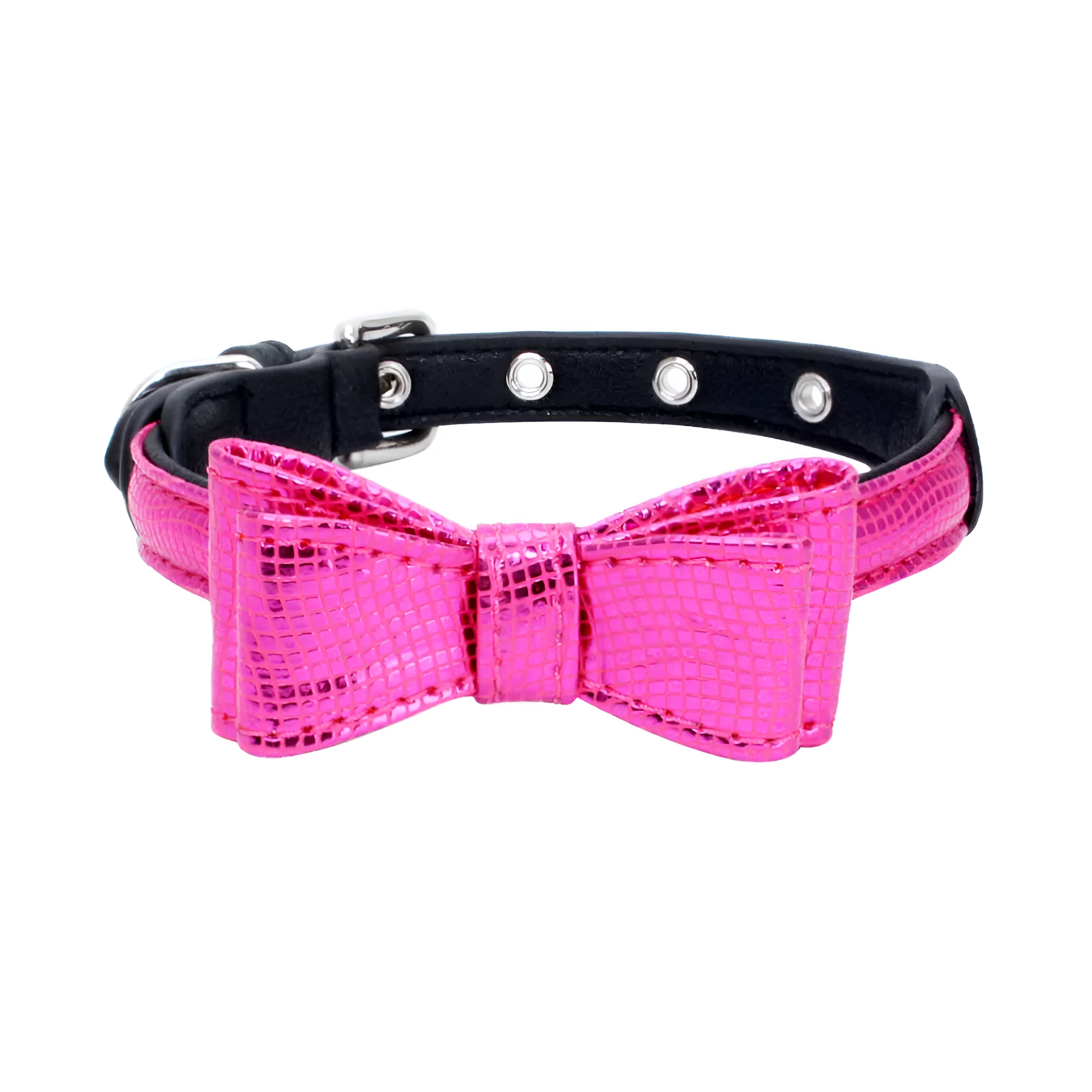 Adjustable leather pet collar in Black snake pattern on XS size for small dogs and cats