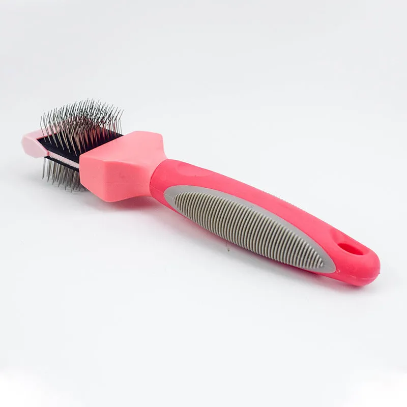 Double-sided soft pet comb with self-cleaning bristles, large size, blue, for cats and dogs