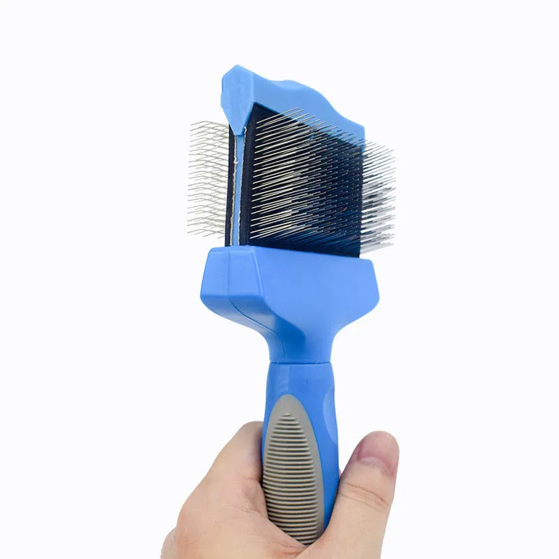Double-sided soft pet comb with self-cleaning bristles, large size, blue, for cats and dogs