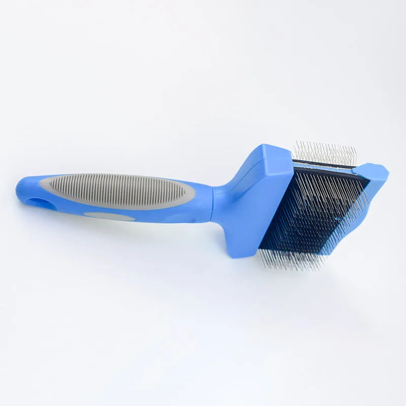 Double-sided soft pet comb with self-cleaning bristles, large size, blue, for cats and dogs