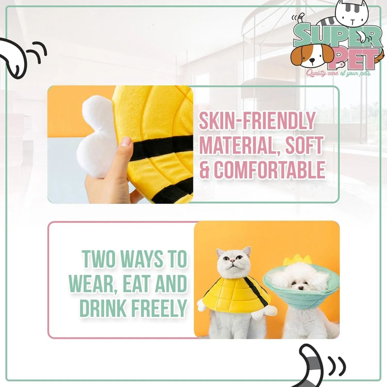 Soft bee-design cat cone collar with Velcro closure in adjustable sizes