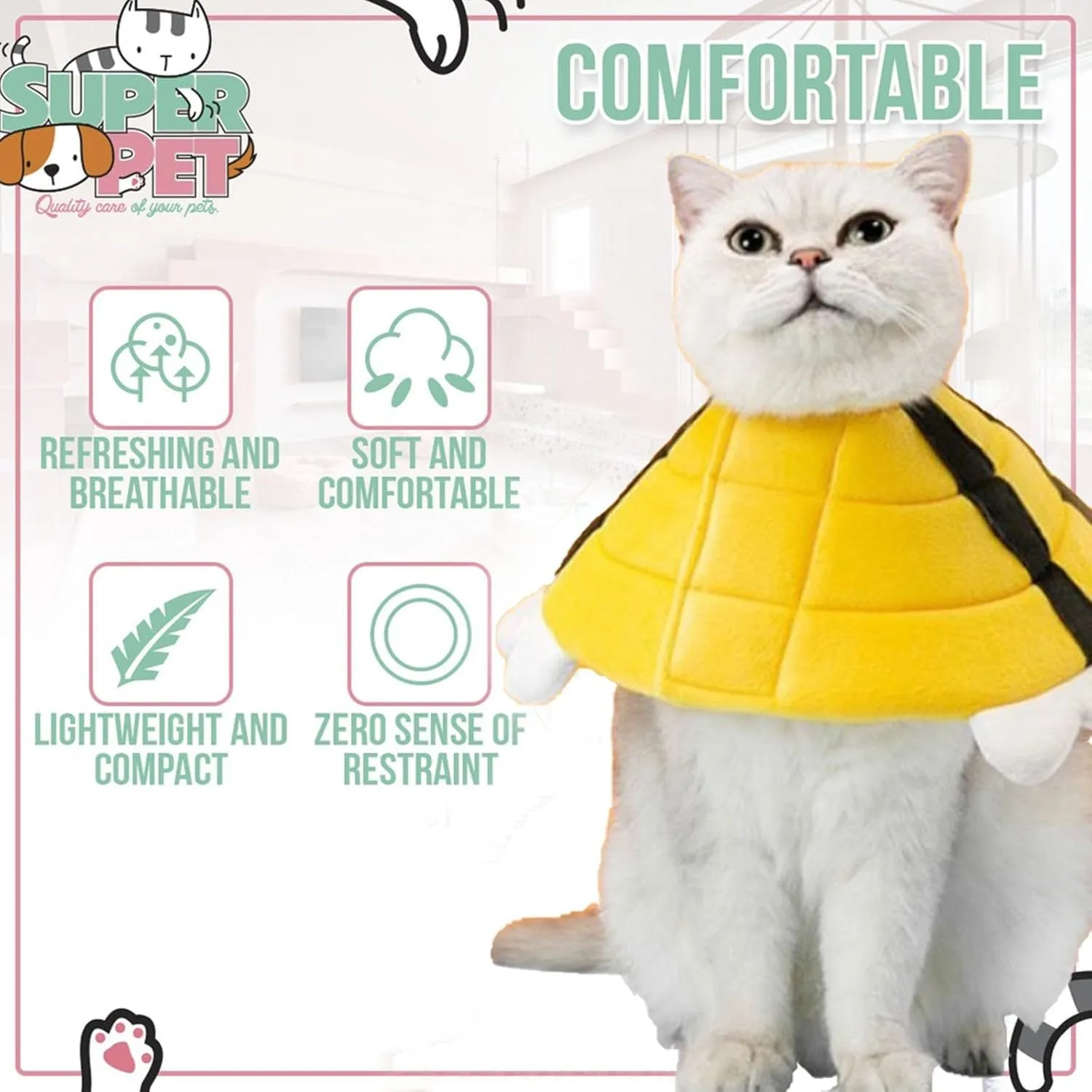 Soft bee-design cat cone collar with Velcro closure in adjustable sizes
