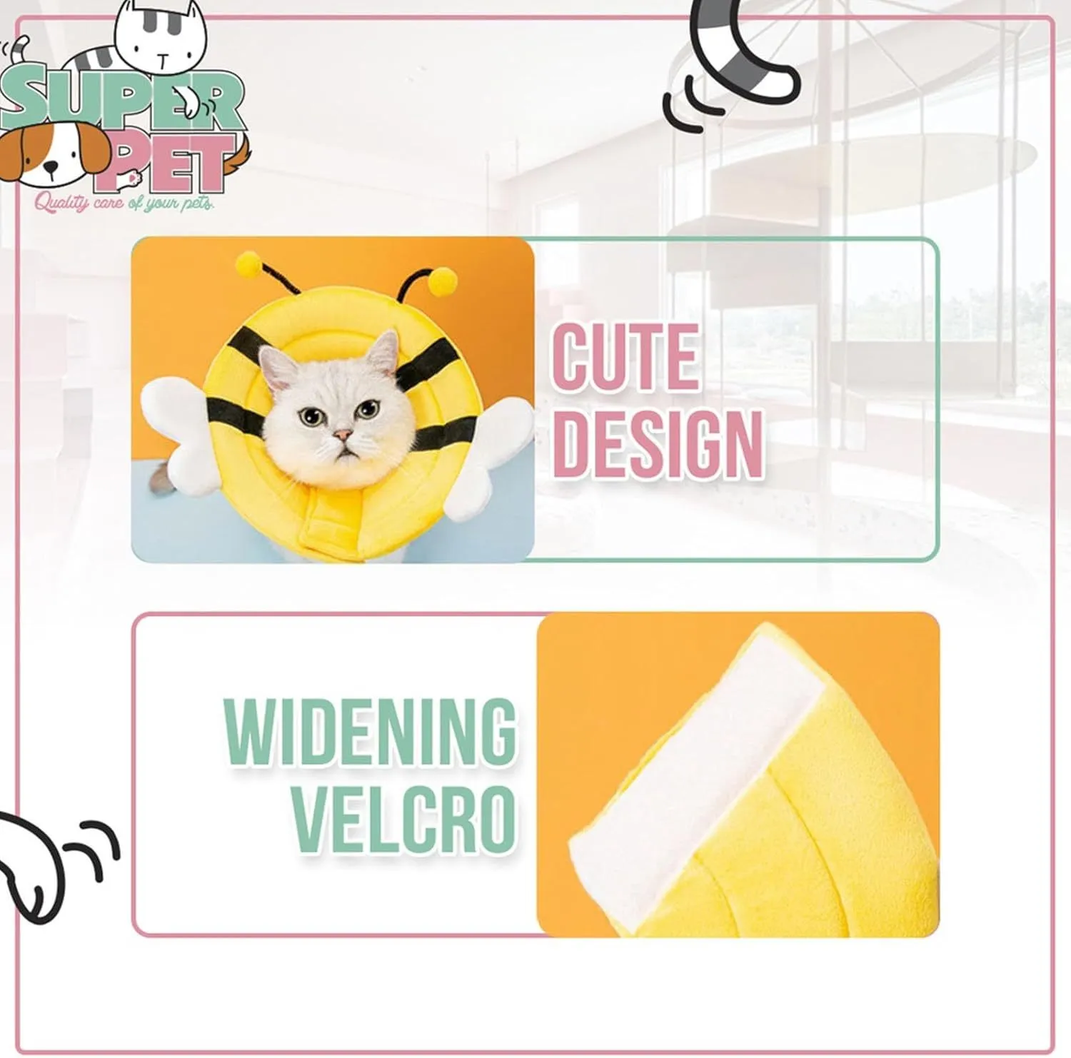 Soft bee-design cat cone collar with Velcro closure in adjustable sizes