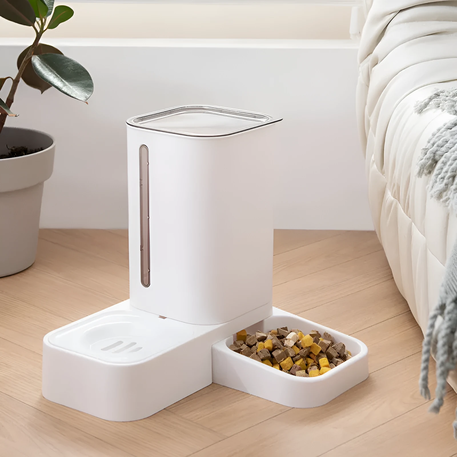 Pet automatic water storage double plastic bowl in grey with slow drinking design, size 32x31x32cm