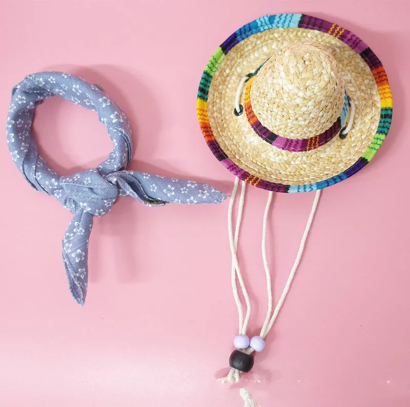 Pet summer straw hat and scarf set in pink plaid with 16cm bamboo rattan hat and 45cm cotton scarf