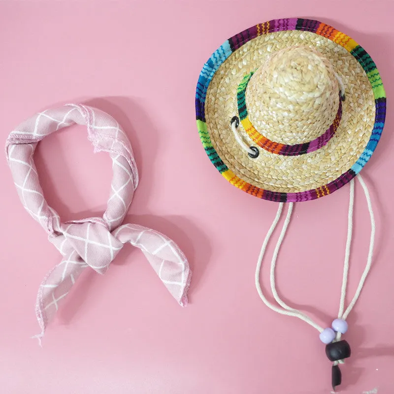 Pet summer straw hat and scarf set in pink plaid with 16cm bamboo rattan hat and 45cm cotton scarf