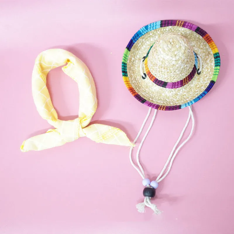 Pet summer straw hat and scarf set in pink plaid with 16cm bamboo rattan hat and 45cm cotton scarf