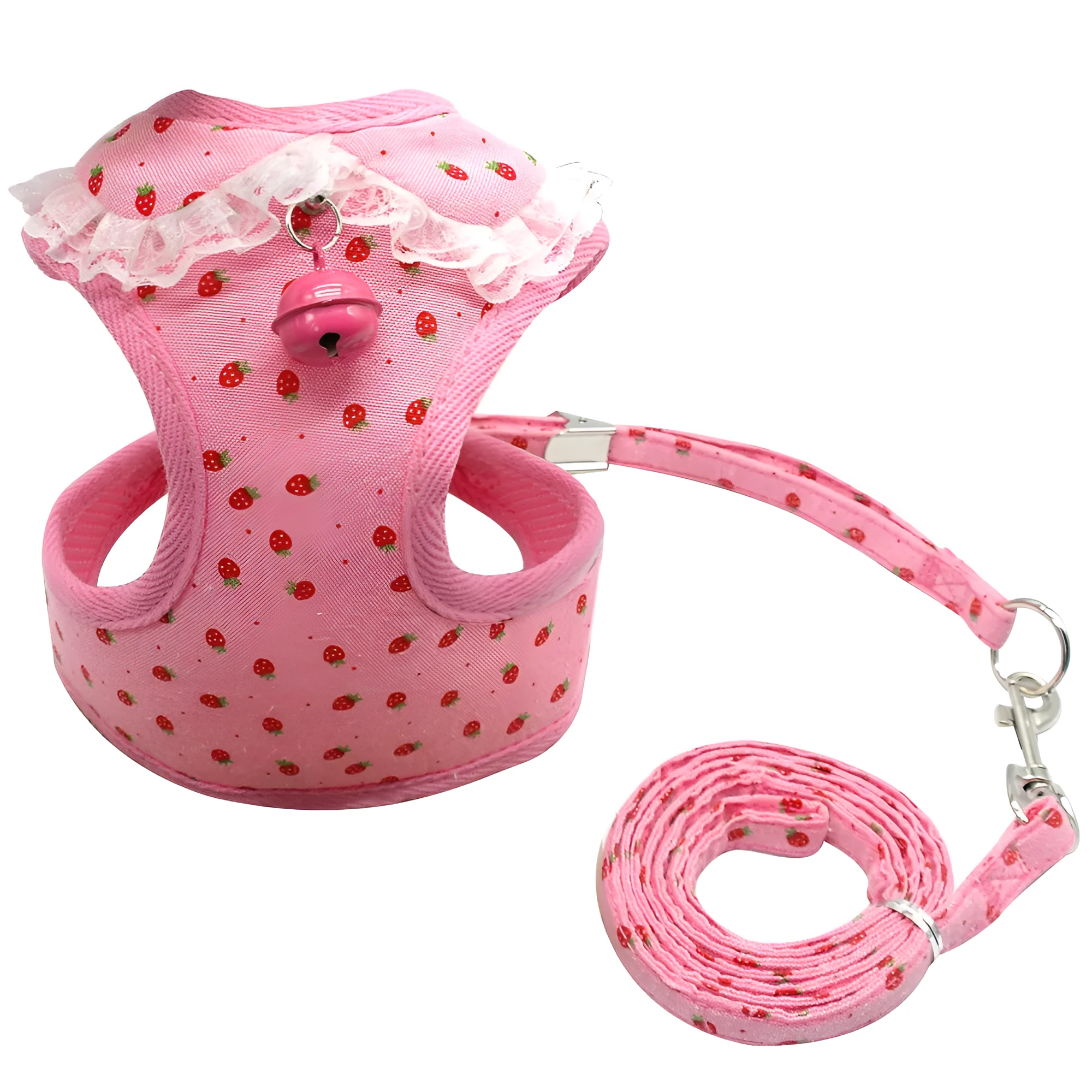 Pink canvas and polyester mesh dog chest harness with bell, adjustable chest strap, S size on small dog