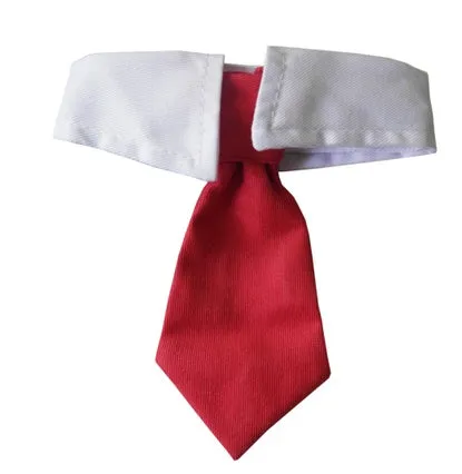 Cloth pet bow tie in red and black stripes on a dog, with S size 31cm visible