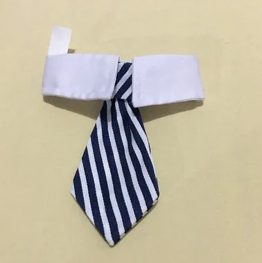 Cloth pet bow tie in red and black stripes on a dog, with S size 31cm visible