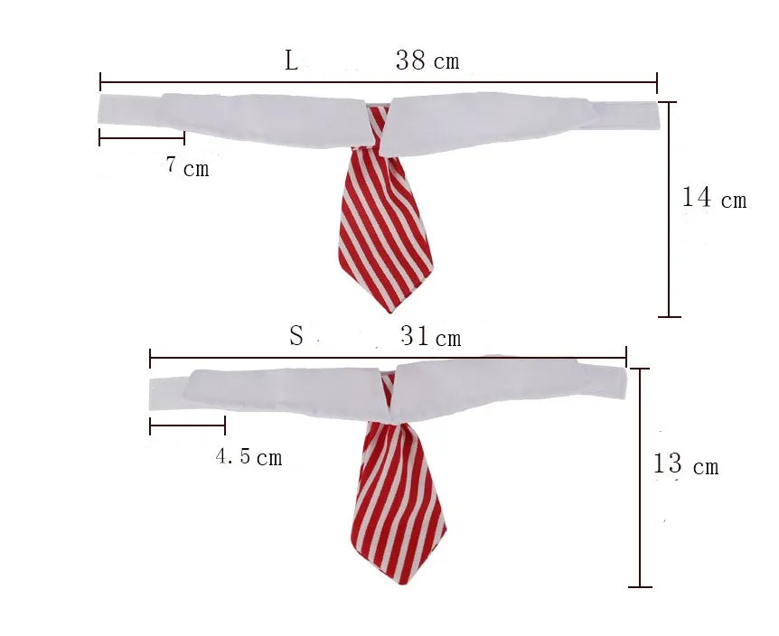 Cloth pet bow tie in red and black stripes on a dog, with S size 31cm visible
