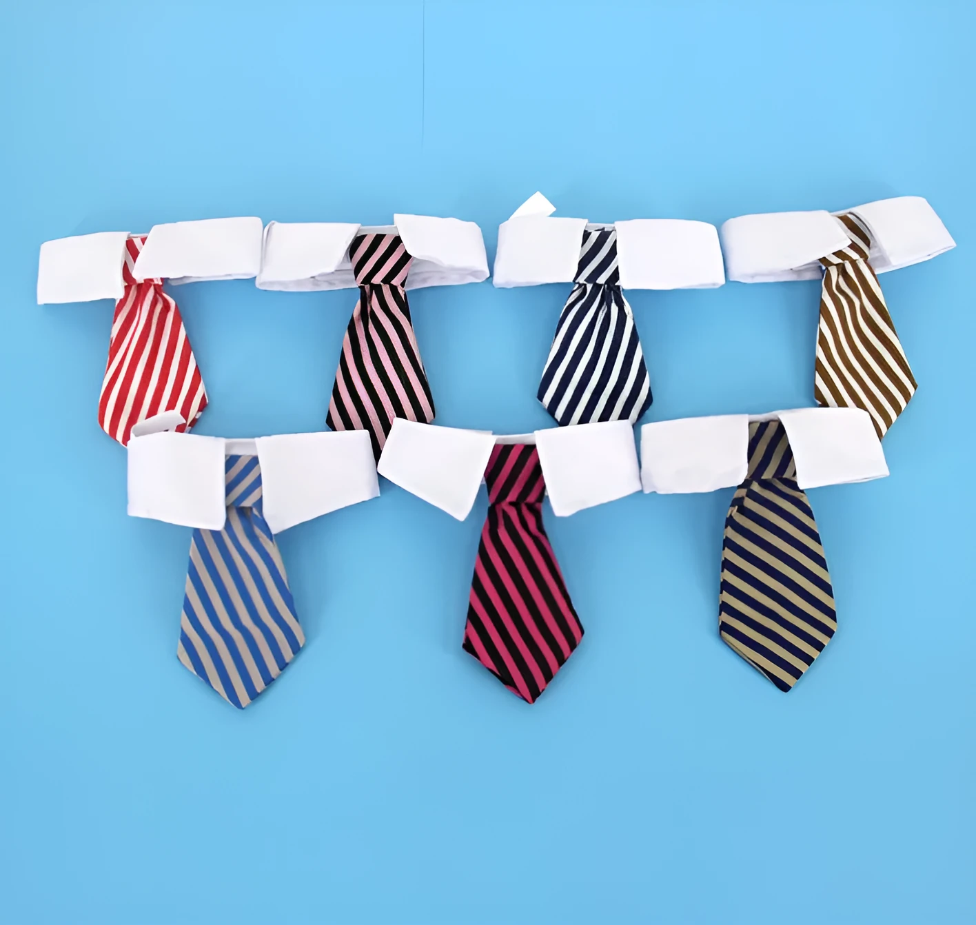 Cloth pet bow tie in red and black stripes on a dog, with S size 31cm visible