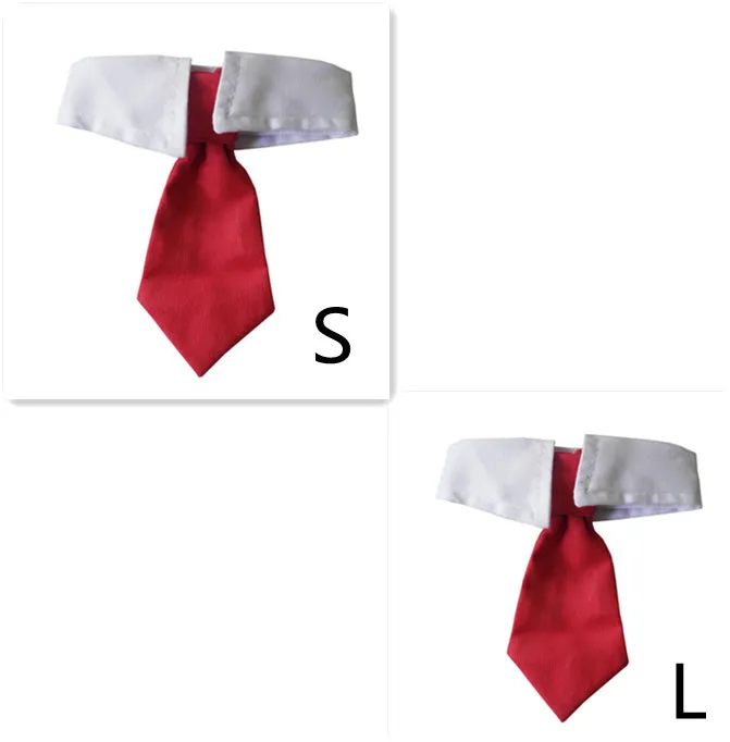 Cloth pet bow tie in red and black stripes on a dog, with S size 31cm visible