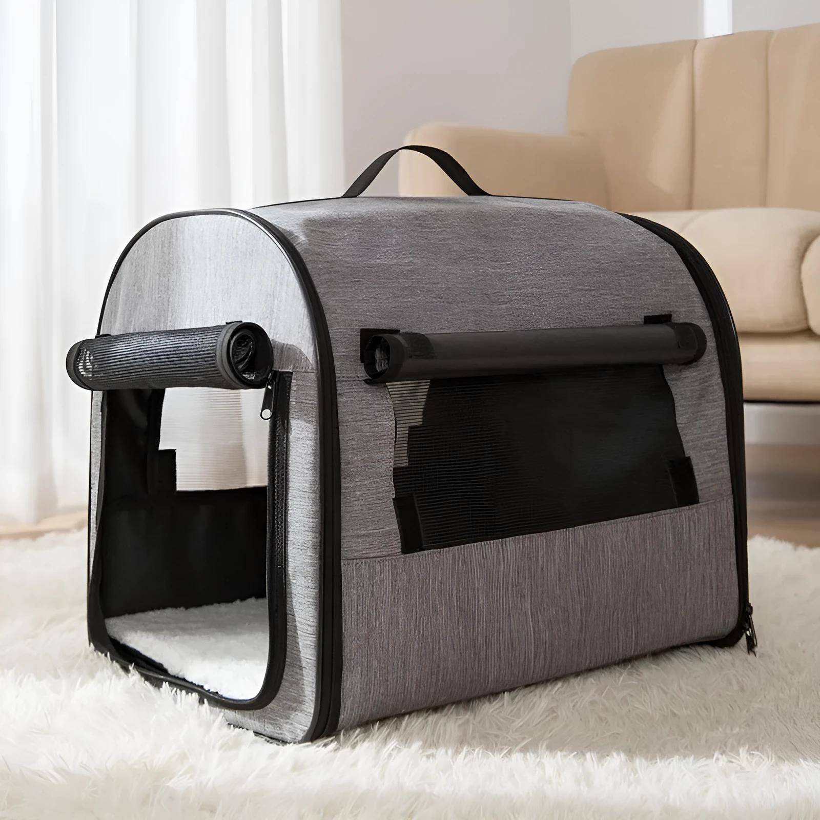 Grey portable cylinder dog cage house pet carrier with mesh windows and roll-up sunshade
