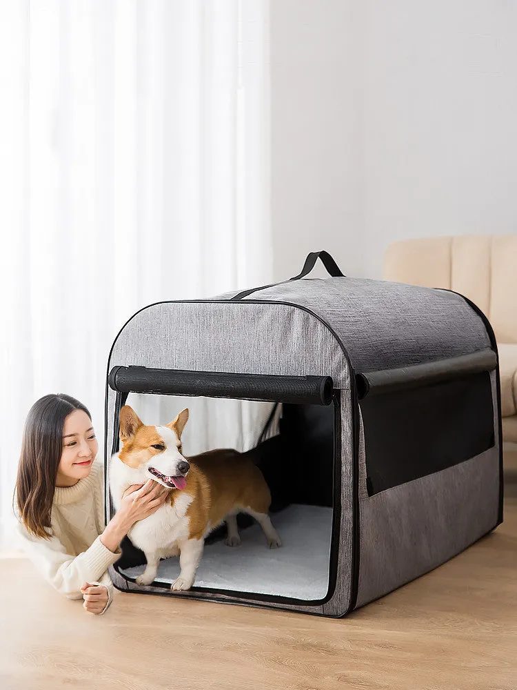 Grey portable cylinder dog cage house pet carrier with mesh windows and roll-up sunshade