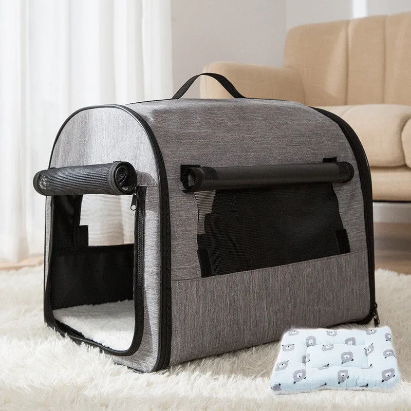 Grey portable cylinder dog cage house pet carrier with mesh windows and roll-up sunshade
