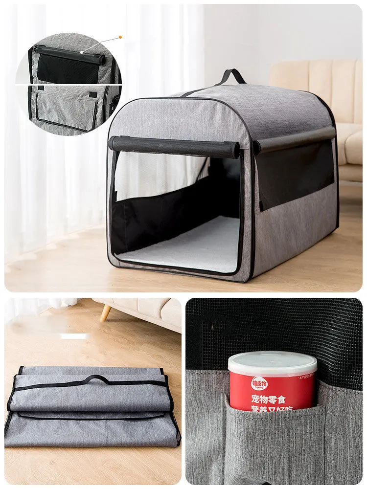 Grey portable cylinder dog cage house pet carrier with mesh windows and roll-up sunshade