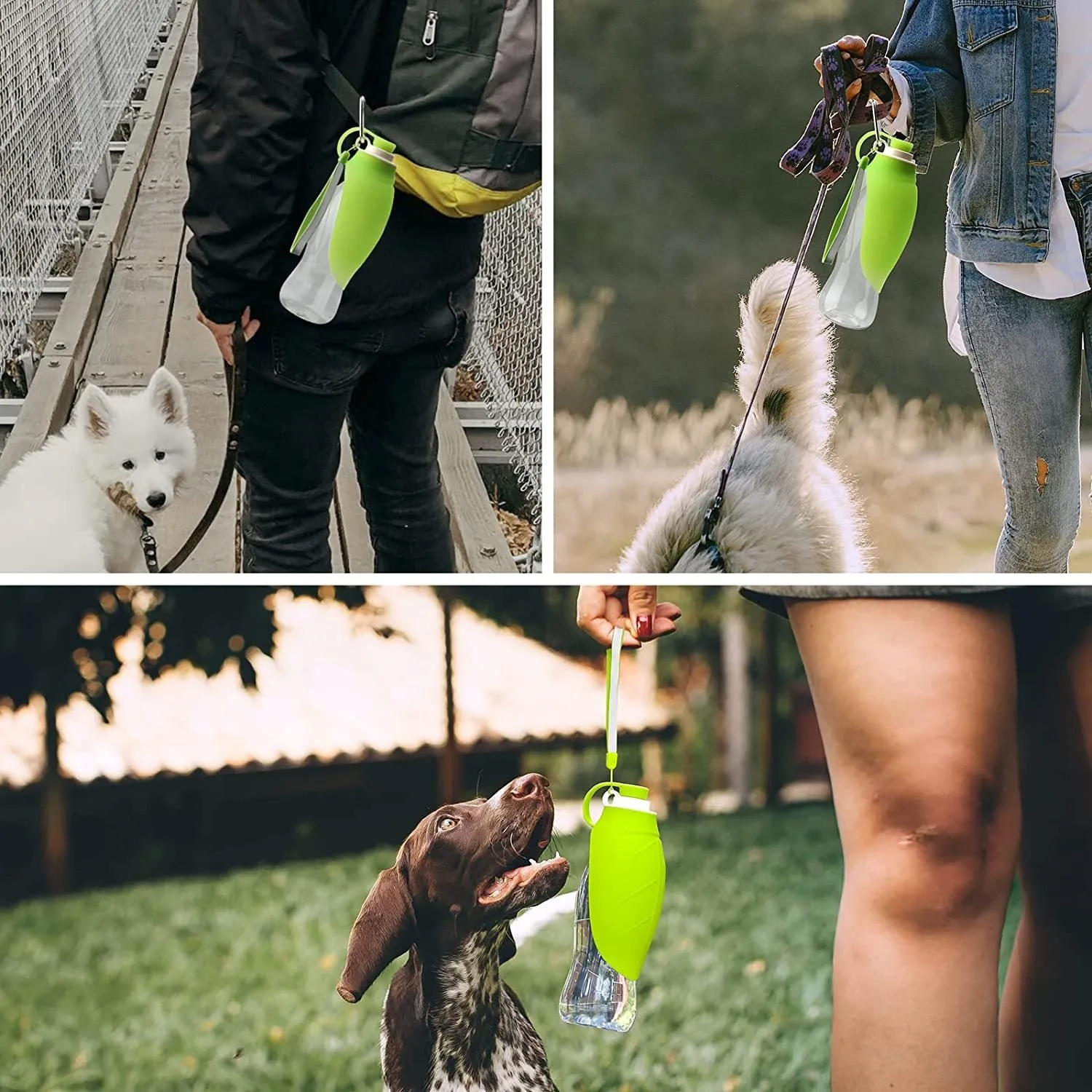 Portable pet water dispenser with black body and flip-up silicone cup next to a dog