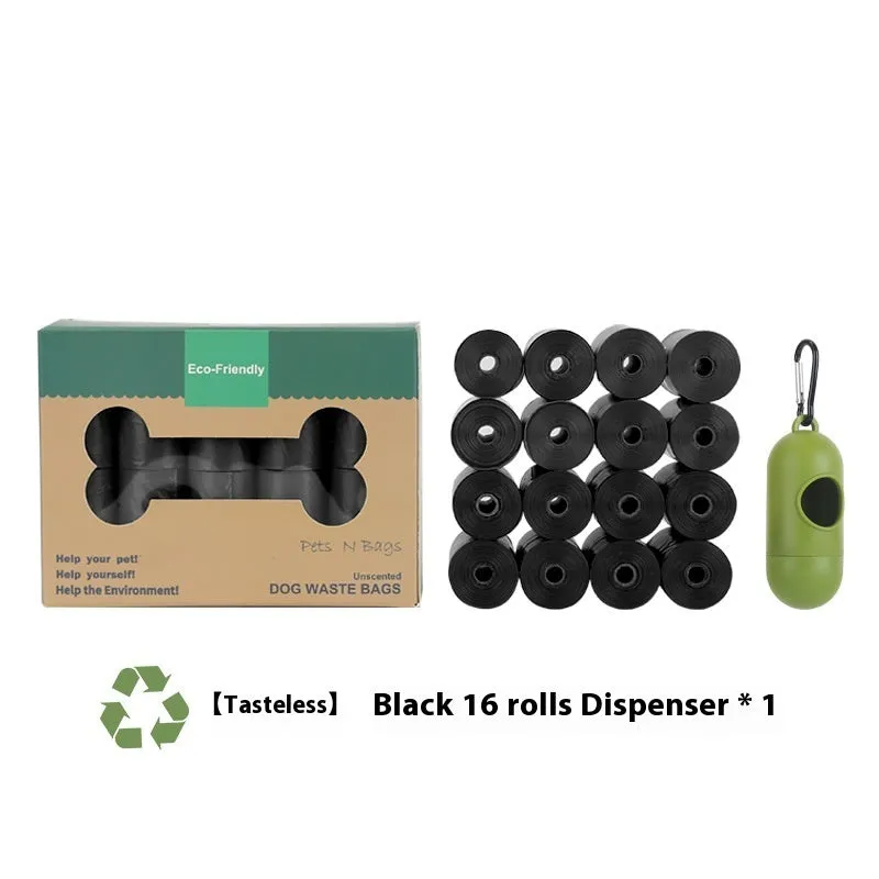 A roll of green EPI degradable pet waste bags next to a black dispenser on a grass background.