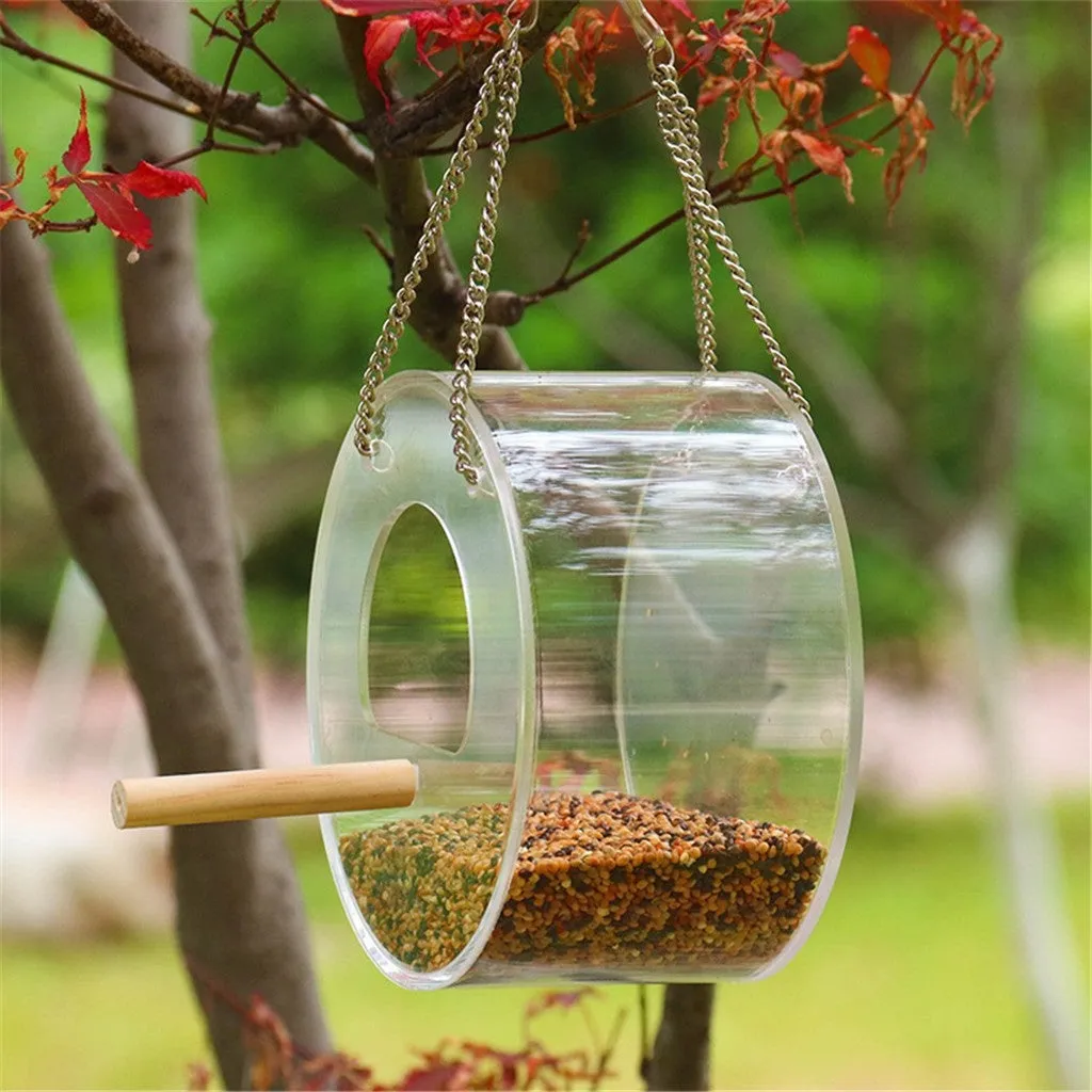 Round transparent acrylic bird food box with 1000ml seed capacity and visible seed inside, on a garden background