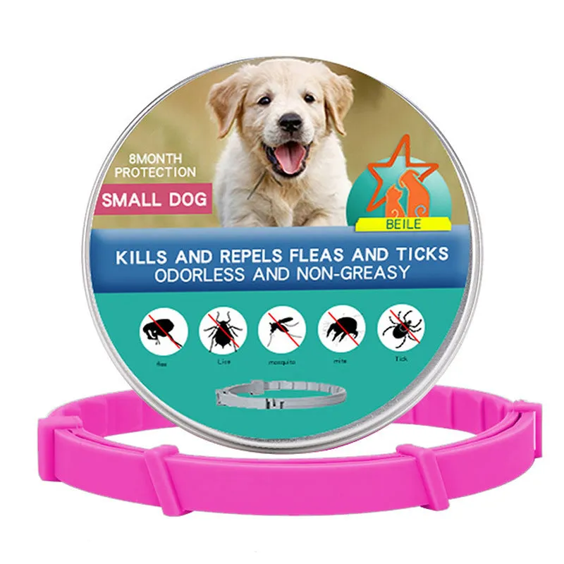Silicone flea-repellent collar for dogs and cats, 70 cm and 38 cm lengths, in short blue, orange, and pink, with tin box