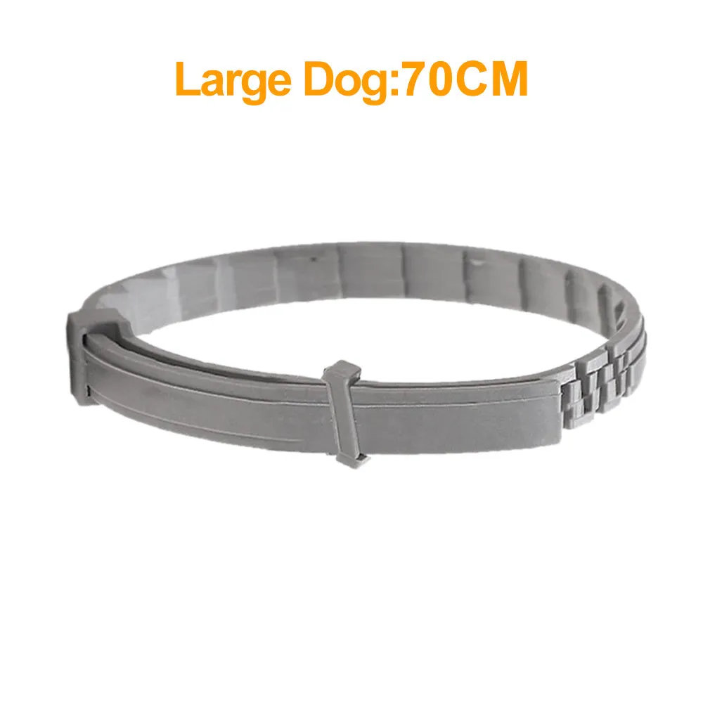 Silicone flea-repellent collar for dogs and cats, 70 cm and 38 cm lengths, in short blue, orange, and pink, with tin box
