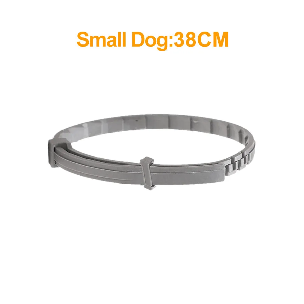 Silicone flea-repellent collar for dogs and cats, 70 cm and 38 cm lengths, in short blue, orange, and pink, with tin box
