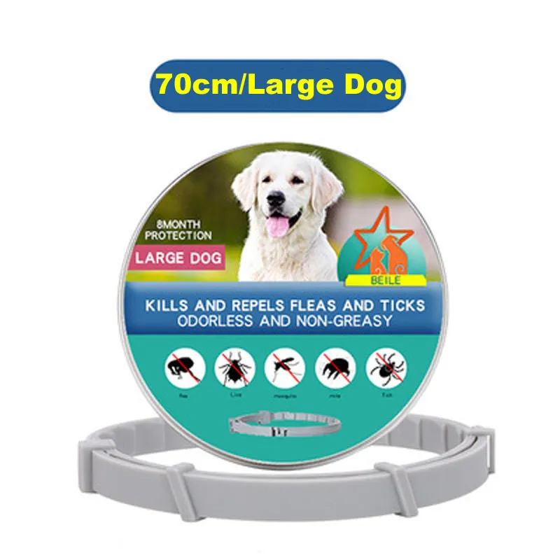 Silicone flea-repellent collar for dogs and cats, 70 cm and 38 cm lengths, in short blue, orange, and pink, with tin box