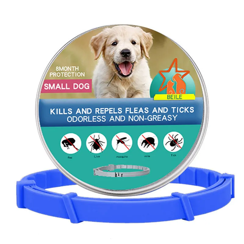 Silicone flea-repellent collar for dogs and cats, 70 cm and 38 cm lengths, in short blue, orange, and pink, with tin box