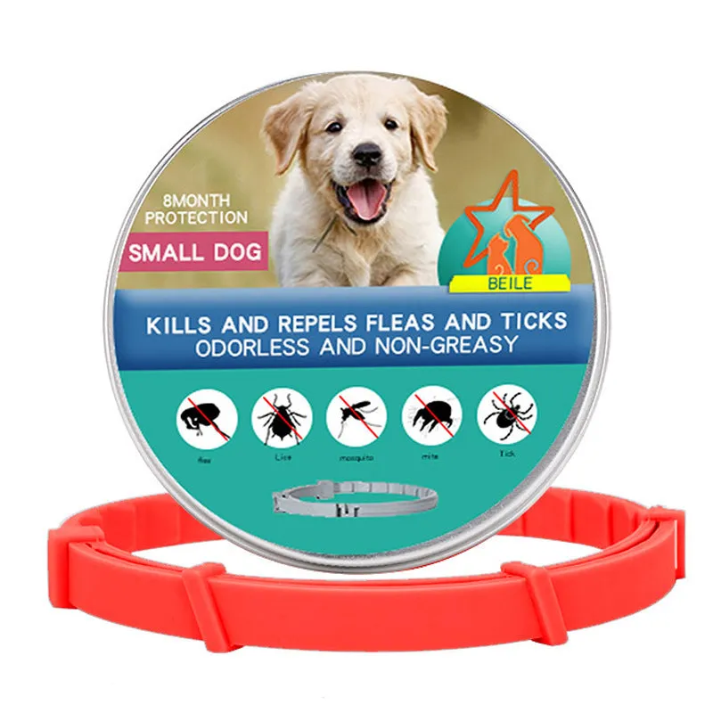 Silicone flea-repellent collar for dogs and cats, 70 cm and 38 cm lengths, in short blue, orange, and pink, with tin box