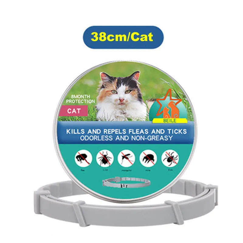 Silicone flea-repellent collar for dogs and cats, 70 cm and 38 cm lengths, in short blue, orange, and pink, with tin box
