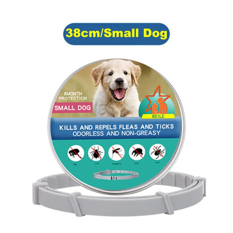 Silicone flea-repellent collar for dogs and cats, 70 cm and 38 cm lengths, in short blue, orange, and pink, with tin box