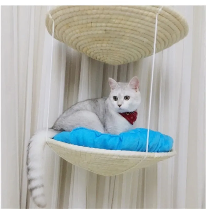 M medium cat climbing frame with hammock and storage in sky blue, double layer style