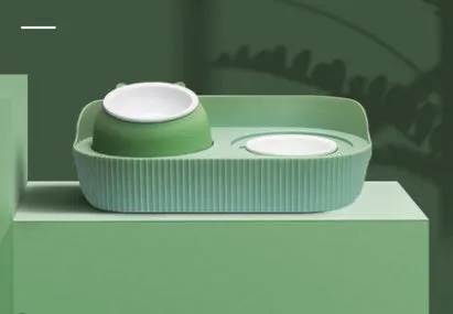 Ceramic cat food bowl designed to protect cervical spine, in green, beige, or white, single or double layer, multiple pack sizes 2-6 bowls.