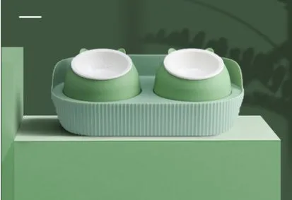 Ceramic cat food bowl designed to protect cervical spine, in green, beige, or white, single or double layer, multiple pack sizes 2-6 bowls.