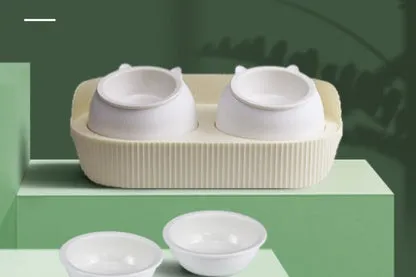 Ceramic cat food bowl designed to protect cervical spine, in green, beige, or white, single or double layer, multiple pack sizes 2-6 bowls.