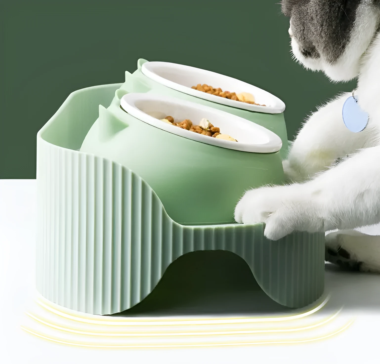 Ceramic cat food bowl designed to protect cervical spine, in green, beige, or white, single or double layer, multiple pack sizes 2-6 bowls.