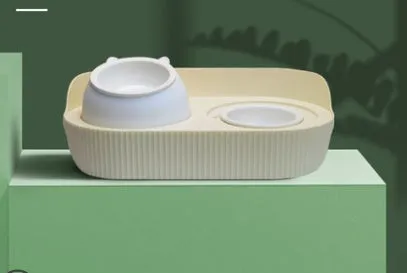 Ceramic cat food bowl designed to protect cervical spine, in green, beige, or white, single or double layer, multiple pack sizes 2-6 bowls.