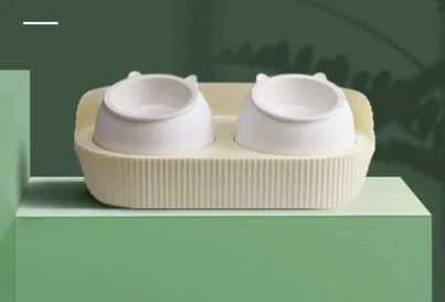 Ceramic cat food bowl designed to protect cervical spine, in green, beige, or white, single or double layer, multiple pack sizes 2-6 bowls.