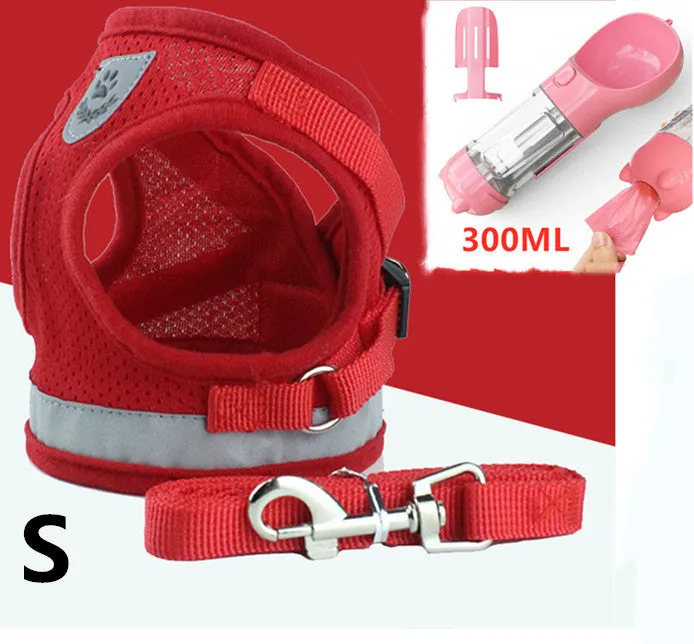 Blue breathable mesh dog harness with reflective belt for small and medium dogs, showing hook and loop closure and metal carabiner