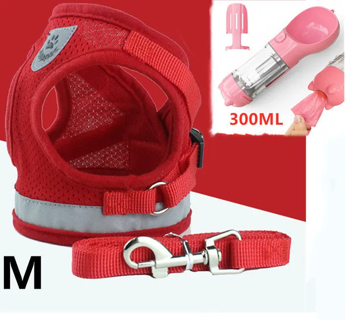 Blue breathable mesh dog harness with reflective belt for small and medium dogs, showing hook and loop closure and metal carabiner