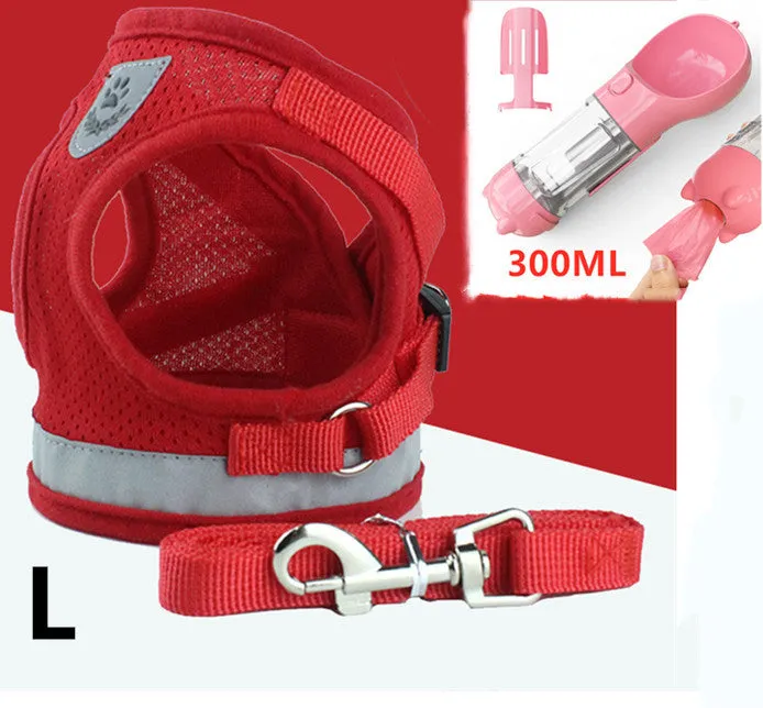 Blue breathable mesh dog harness with reflective belt for small and medium dogs, showing hook and loop closure and metal carabiner