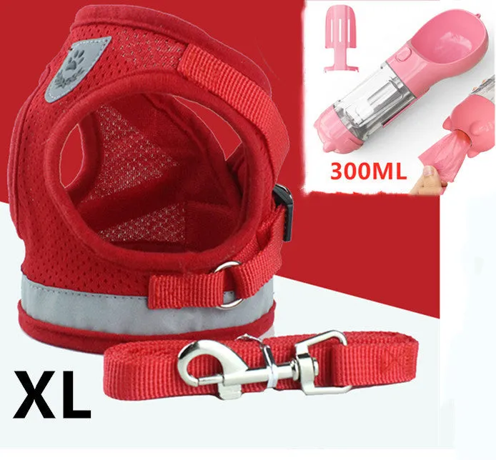 Blue breathable mesh dog harness with reflective belt for small and medium dogs, showing hook and loop closure and metal carabiner