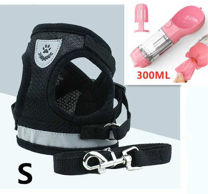 Blue breathable mesh dog harness with reflective belt for small and medium dogs, showing hook and loop closure and metal carabiner