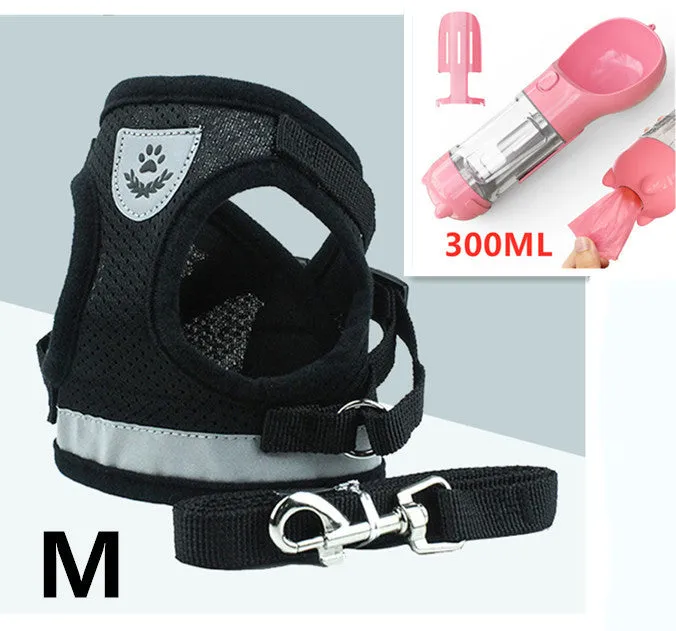 Blue breathable mesh dog harness with reflective belt for small and medium dogs, showing hook and loop closure and metal carabiner
