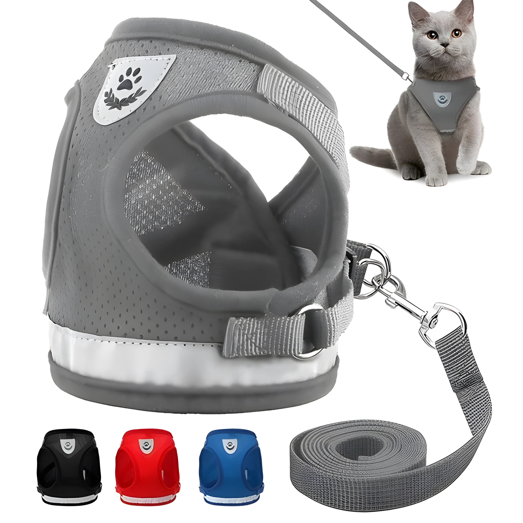 Blue breathable mesh dog harness with reflective belt for small and medium dogs, showing hook and loop closure and metal carabiner