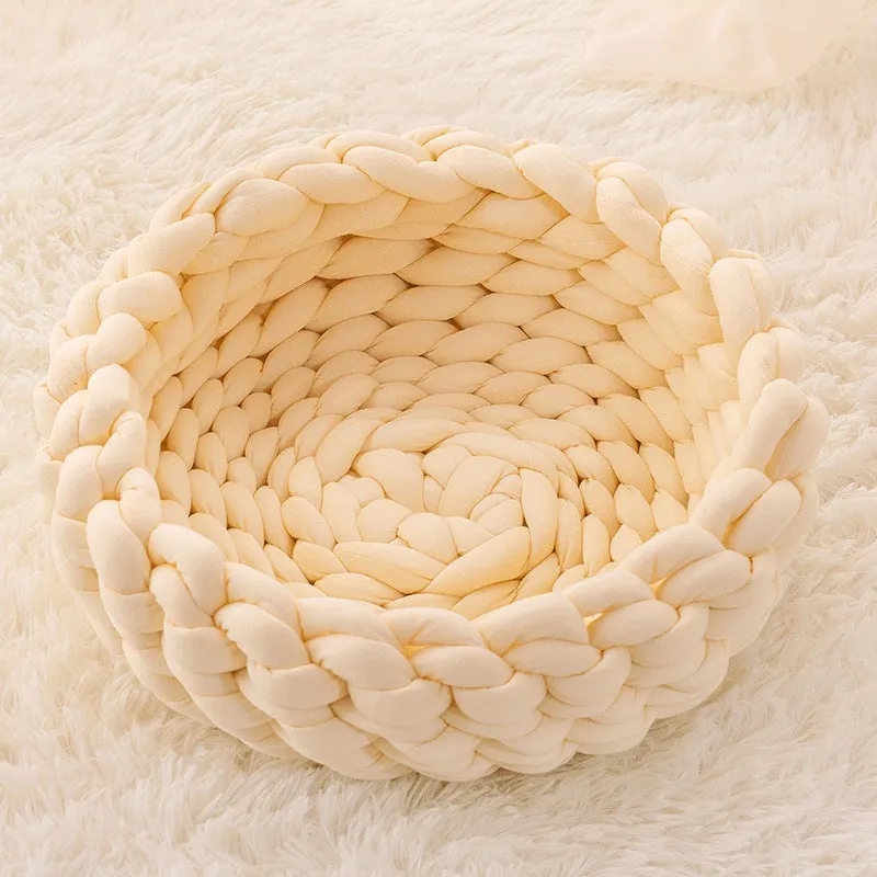 Round soft long plush cat house cushion in beige on a wooden floor, 40cm size option