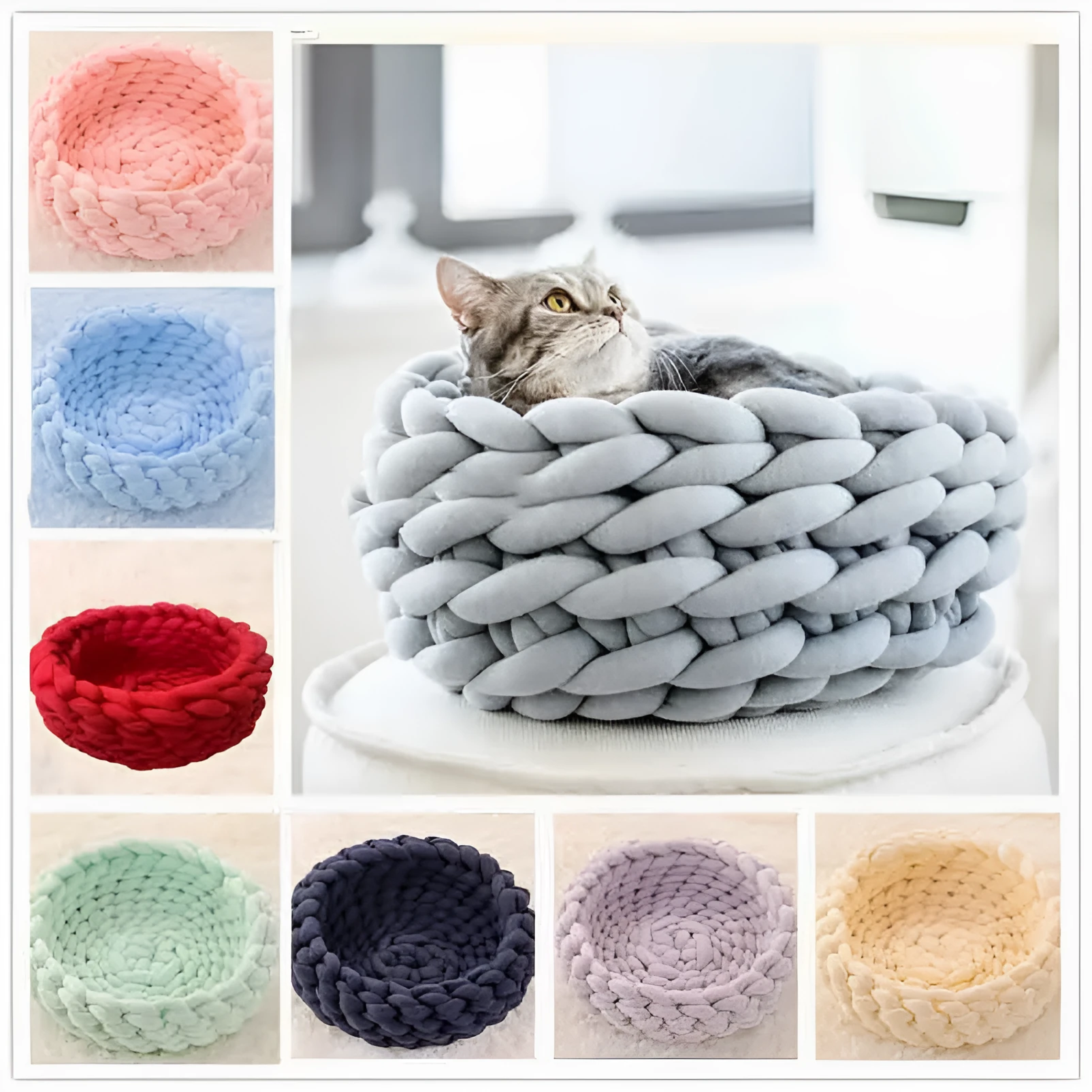 Round soft long plush cat house cushion in beige on a wooden floor, 40cm size option
